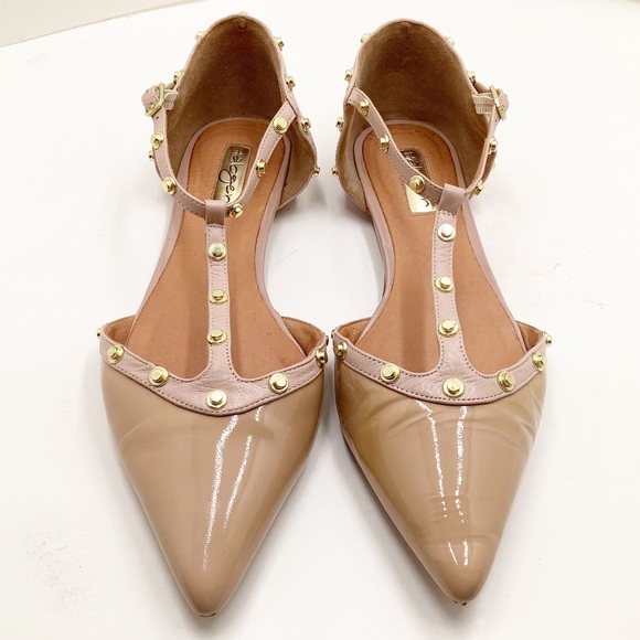 {Halogen} Nude Pink Brass Studded T Strap Flats